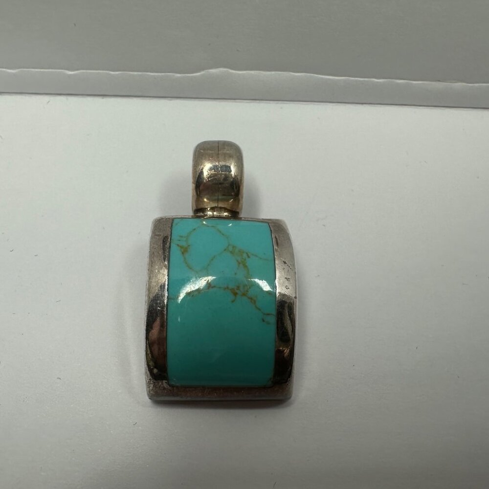 Sterling 925 Silver Turquoise Inlay Curved Necklace Pendant 16g Boho Southwest - Picture 3 of 9